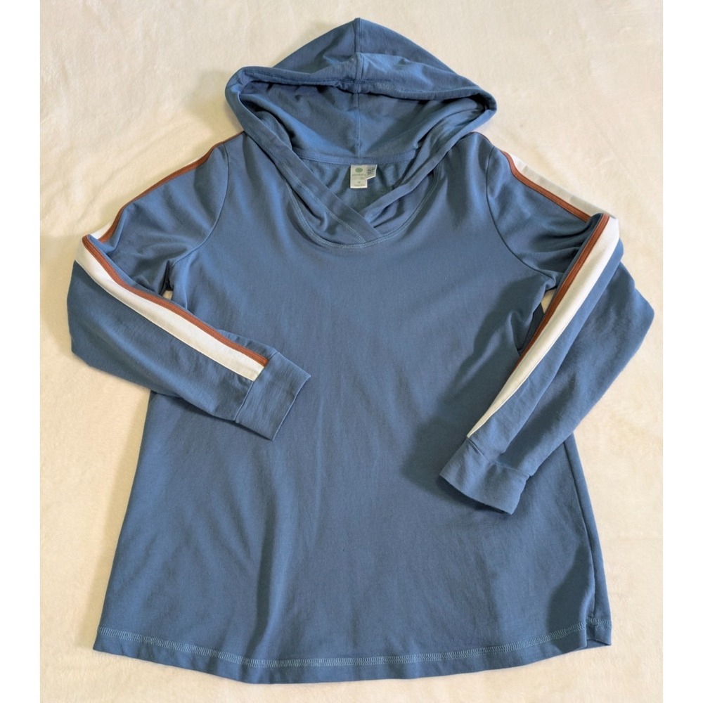 Aventura Women's Medium Blue Organic Cotton Hooded Top Cold Shoulder Striped Sle